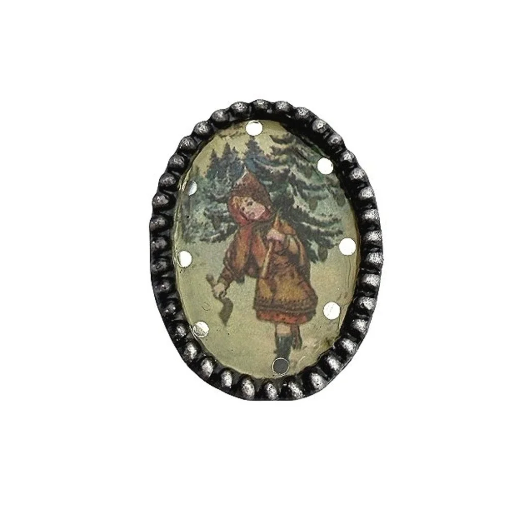 Brooch Pin Vintage Christmas Girl Tree Winter Holiday Oval Beaded Border